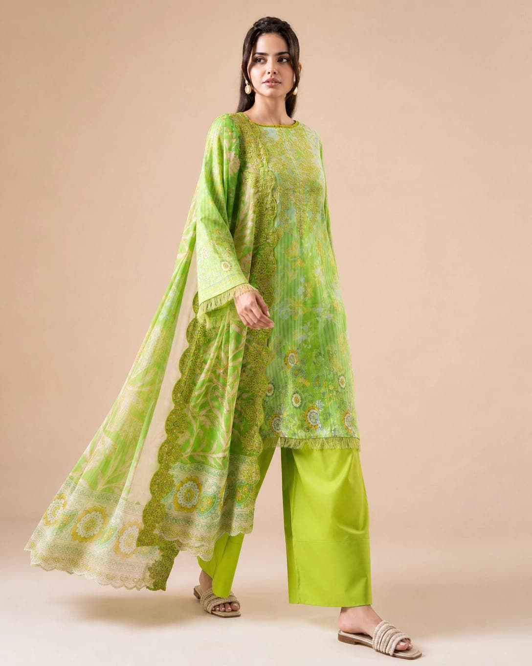GullNar 3PC Unstitched Lawn Suit - Lime Green Floral