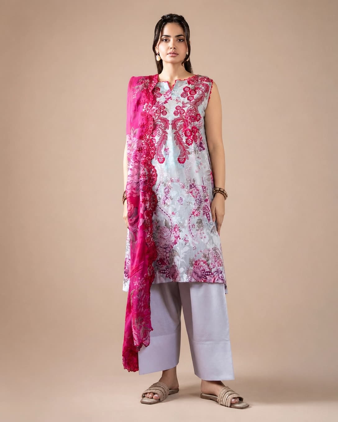 GullNar 3PC Unstitched Lawn Suit - Pink Floral Elegance