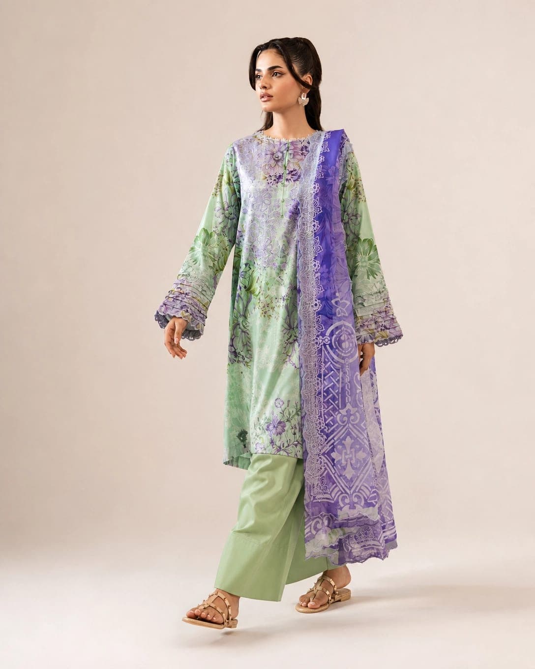 GullNar 3-Pc Unstitched Lawn Suit - Mint Floral