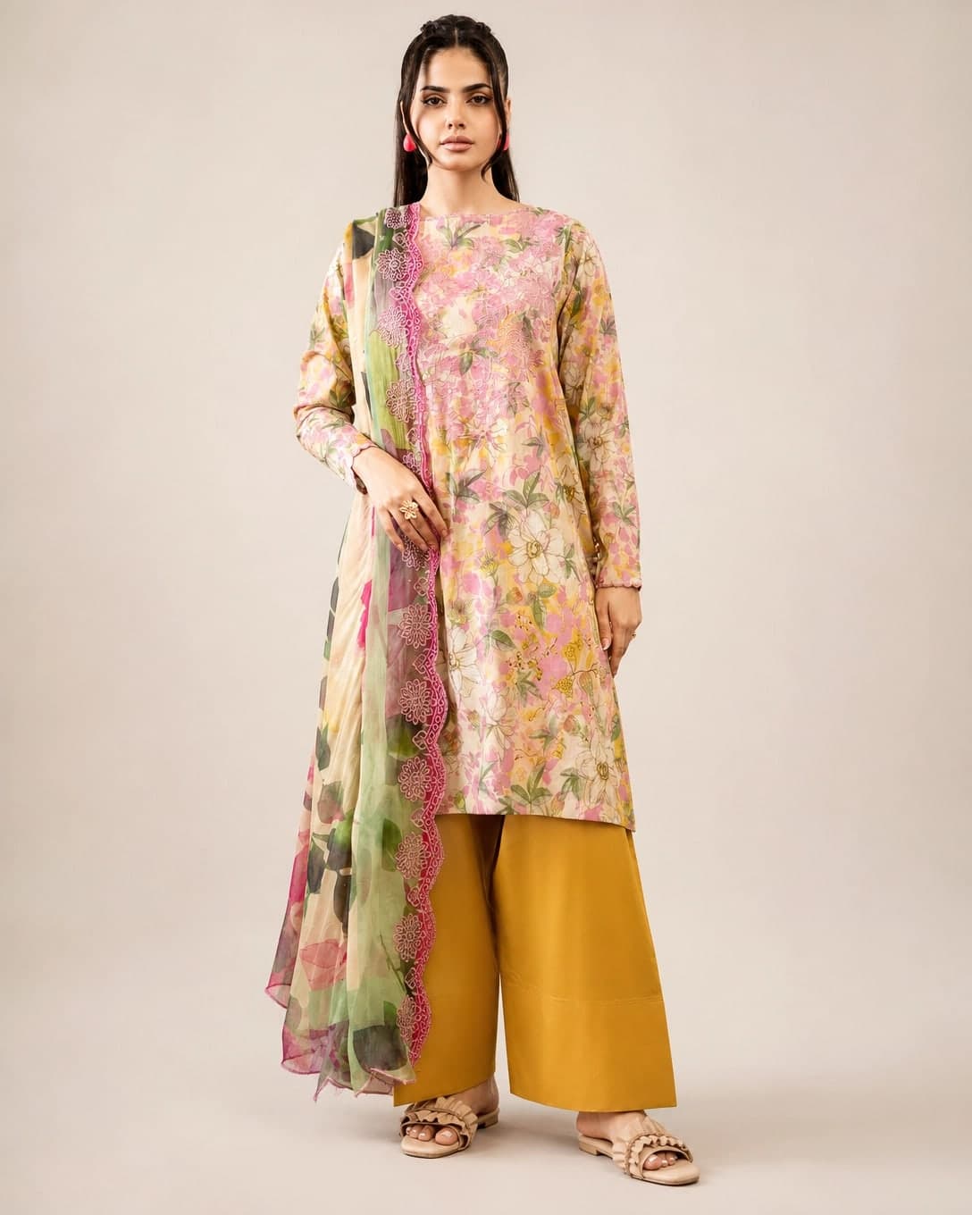 GullNar 3-Pc Unstitched Lawn Suit - Floral Print