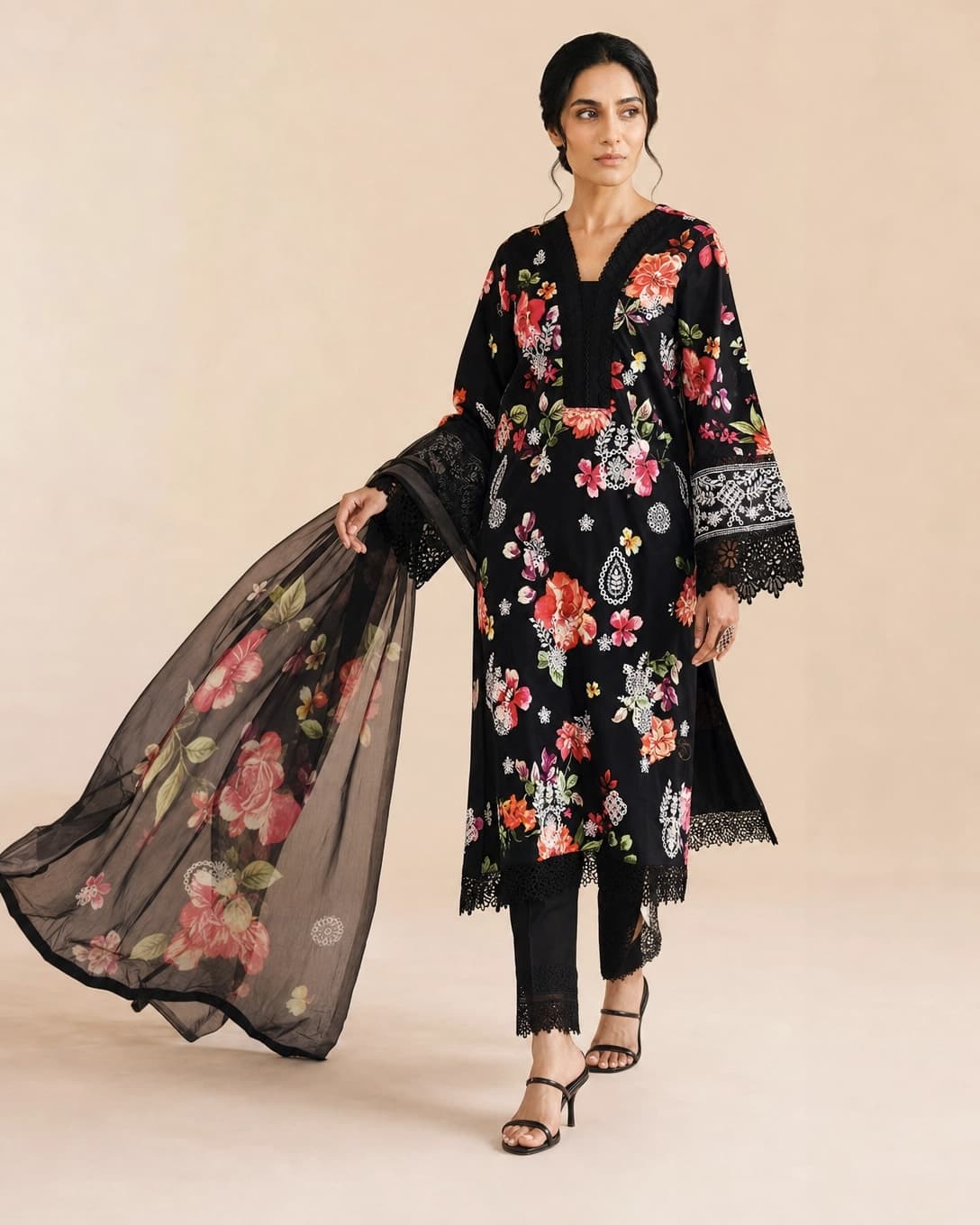 Johra Huriya Black Printed Lawn Suit with Chiffon Dupatta