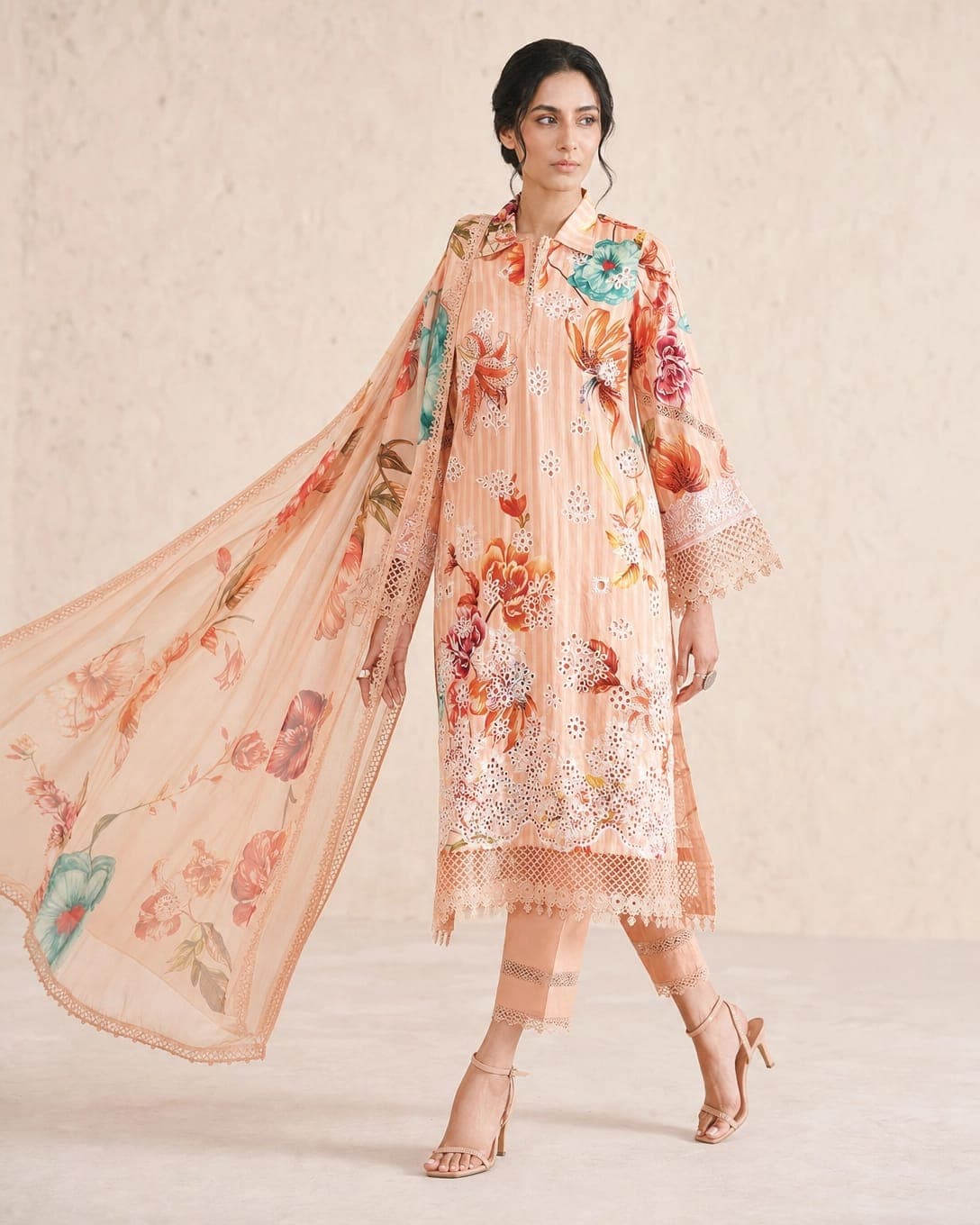 Johra Huriya Peach Printed Lawn Suit with Chiffon Dupatta