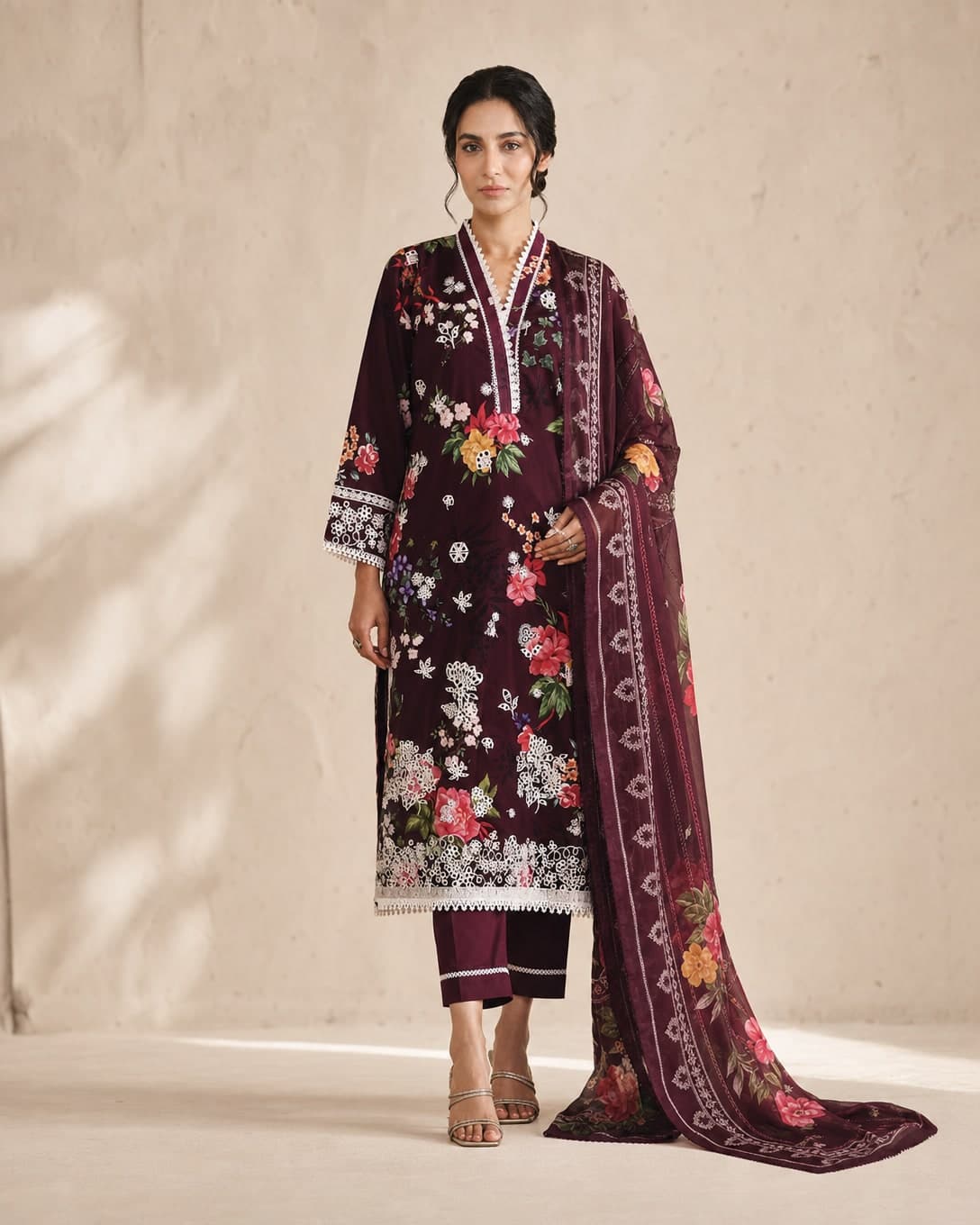 Johra Huriya Plum Printed Lawn Suit with Chiffon Dupatta