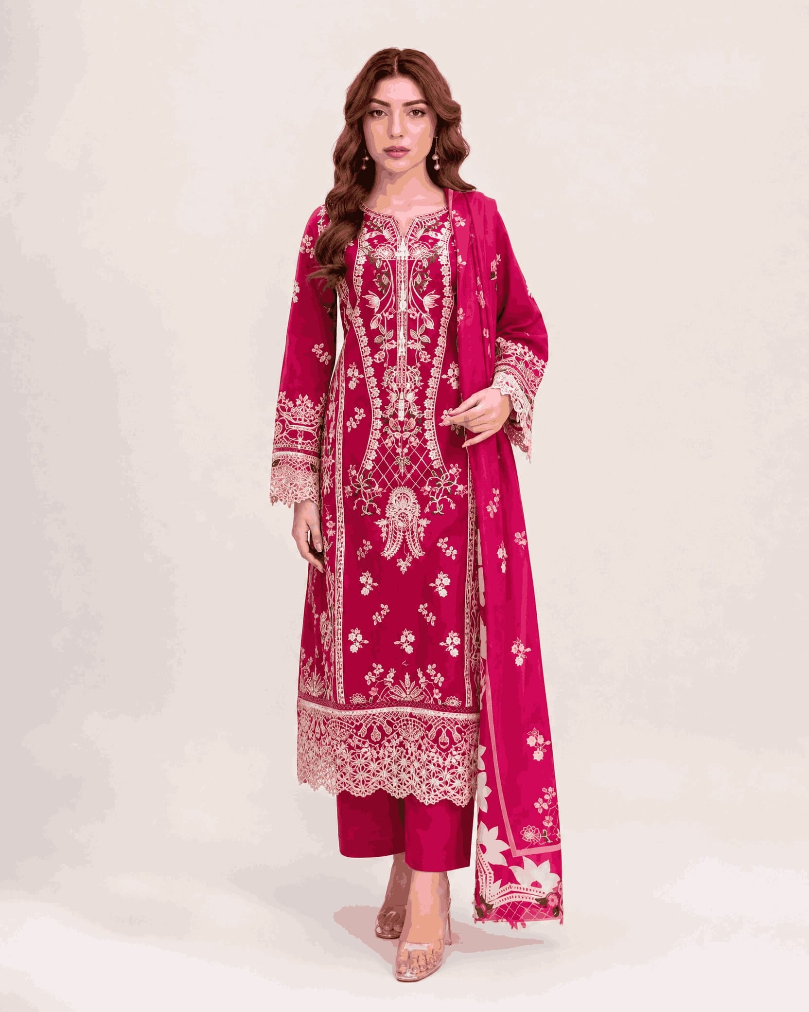 Munira Collection Erish Lawn Suit with Printed Voil Dupatta - Magenta